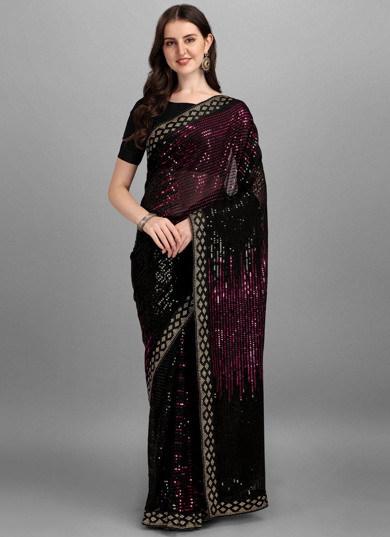 Magenta & Black Georgette Sequins Work Woven Saree