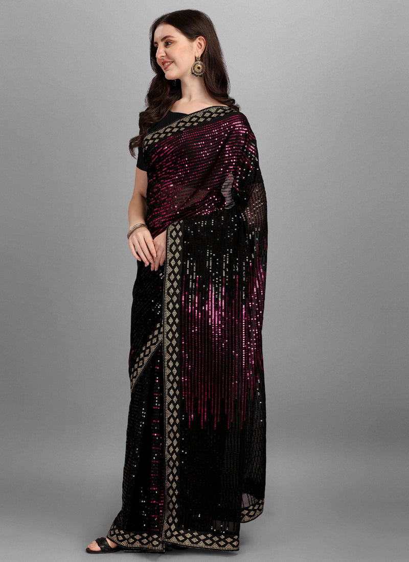 Magenta & Black Georgette Sequins Work Woven Saree