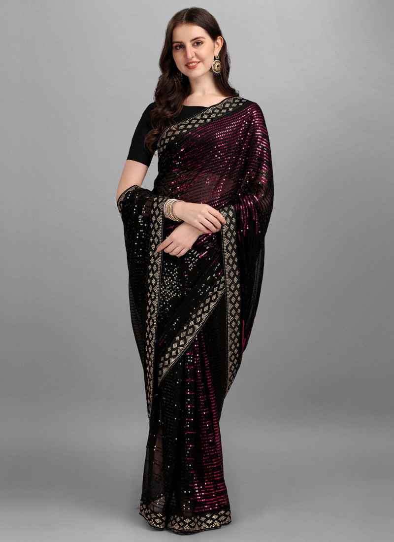 Magenta & Black Georgette Sequins Work Woven Saree