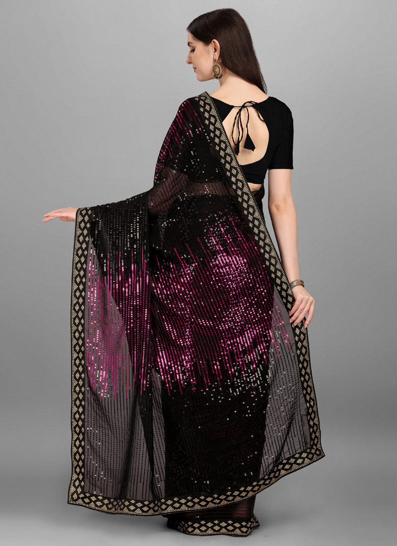 Magenta & Black Georgette Sequins Work Woven Saree