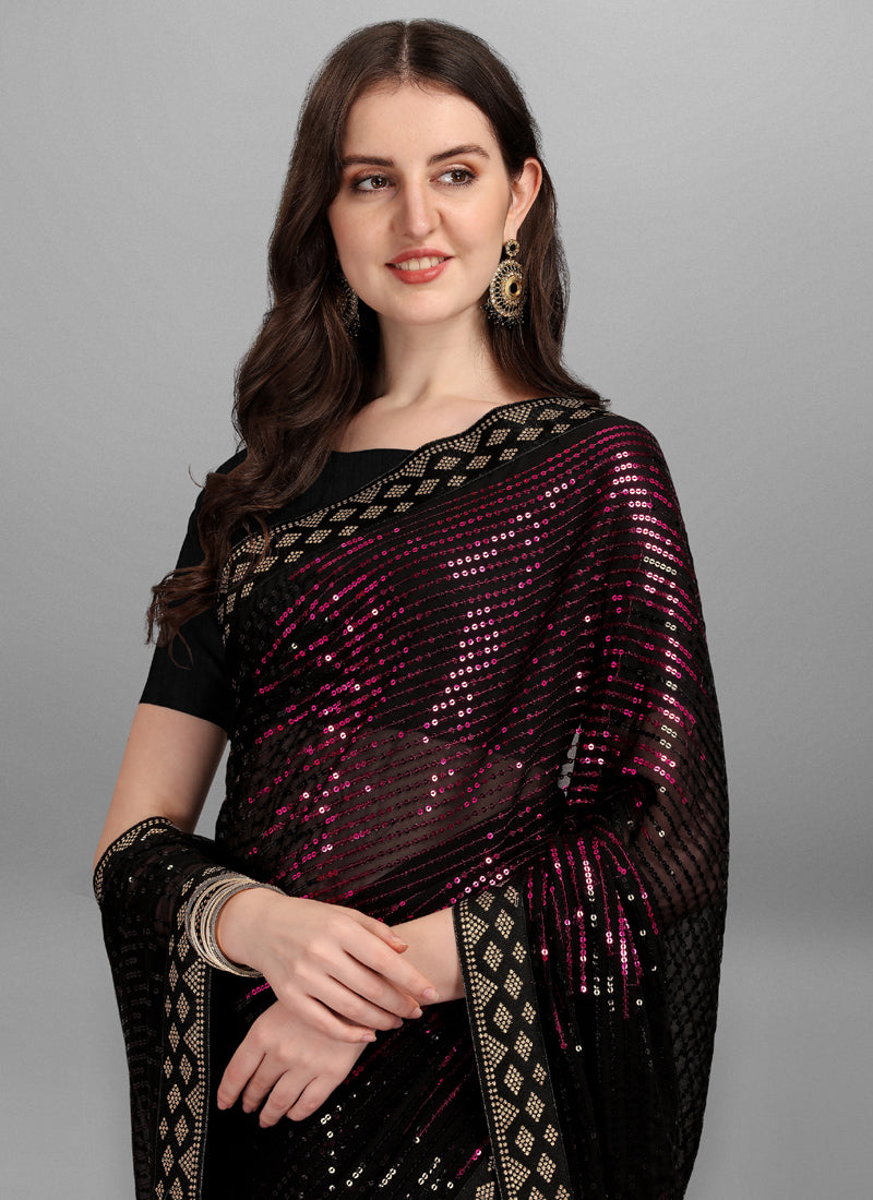 Magenta & Black Georgette Sequins Work Woven Saree