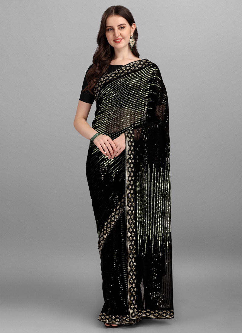 Green & Black Georgette Sequins Work Woven Saree