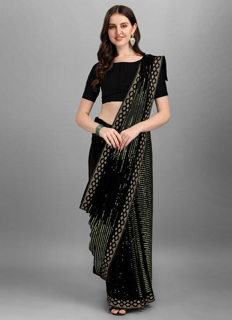 Green & Black Georgette Sequins Work Woven Saree