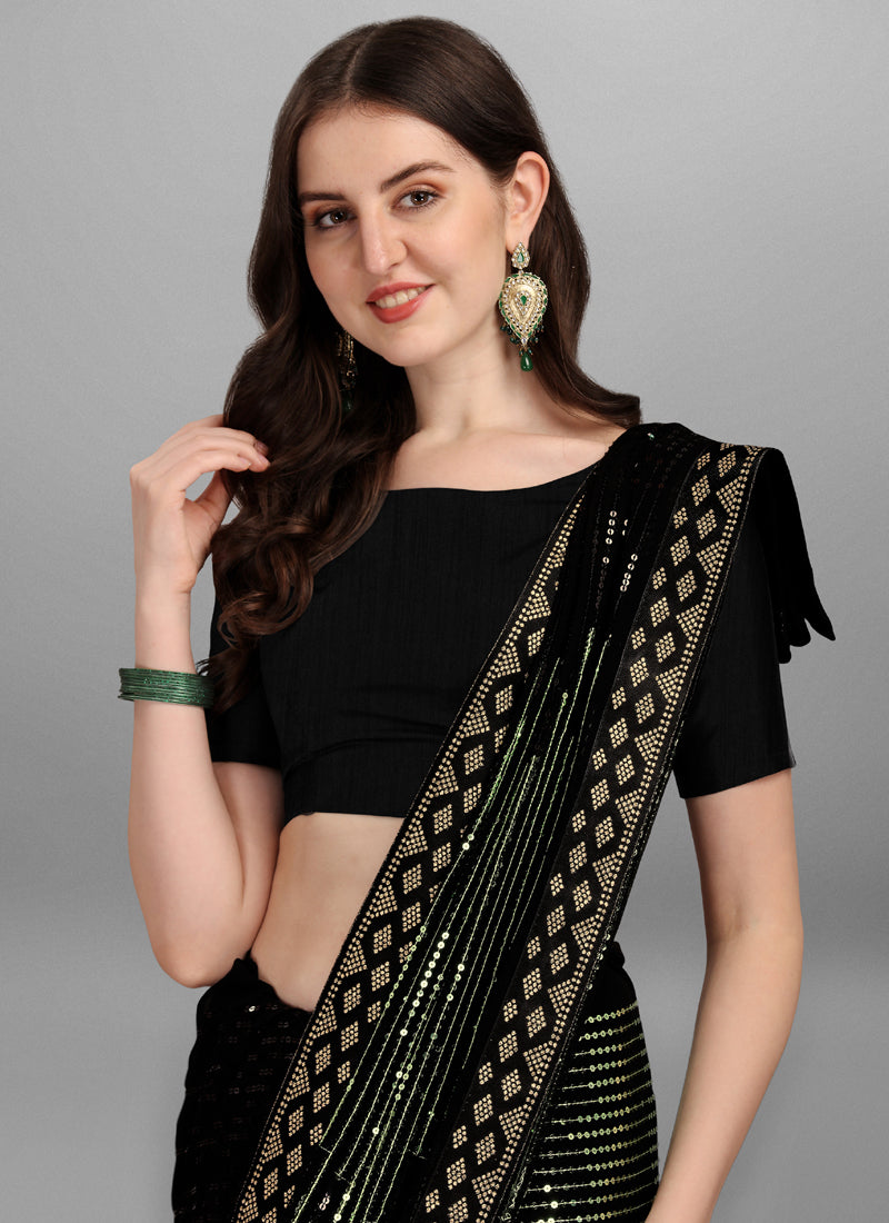 Green & Black Georgette Sequins Work Woven Saree