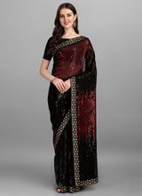 Burgundy & Black Georgette Sequins Work Woven Saree