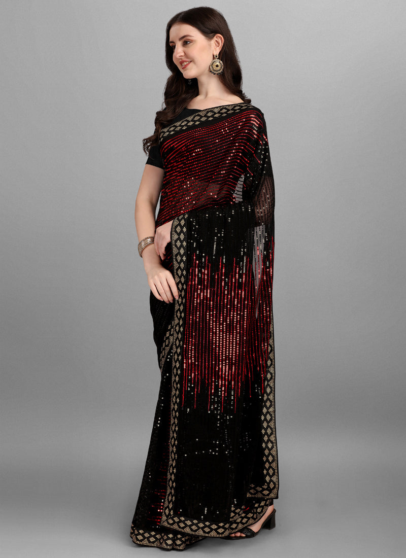 Burgundy & Black Georgette Sequins Work Woven Saree