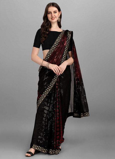 Burgundy & Black Georgette Sequins Work Woven Saree