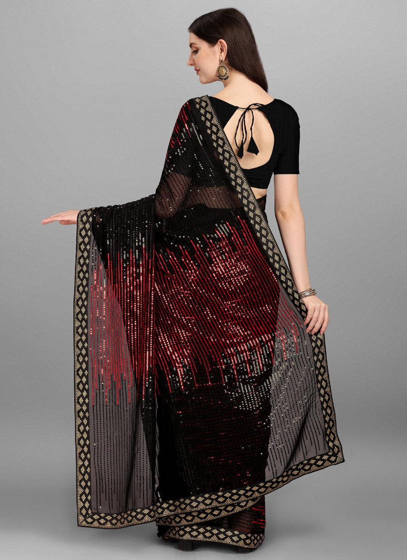 Burgundy & Black Georgette Sequins Work Woven Saree