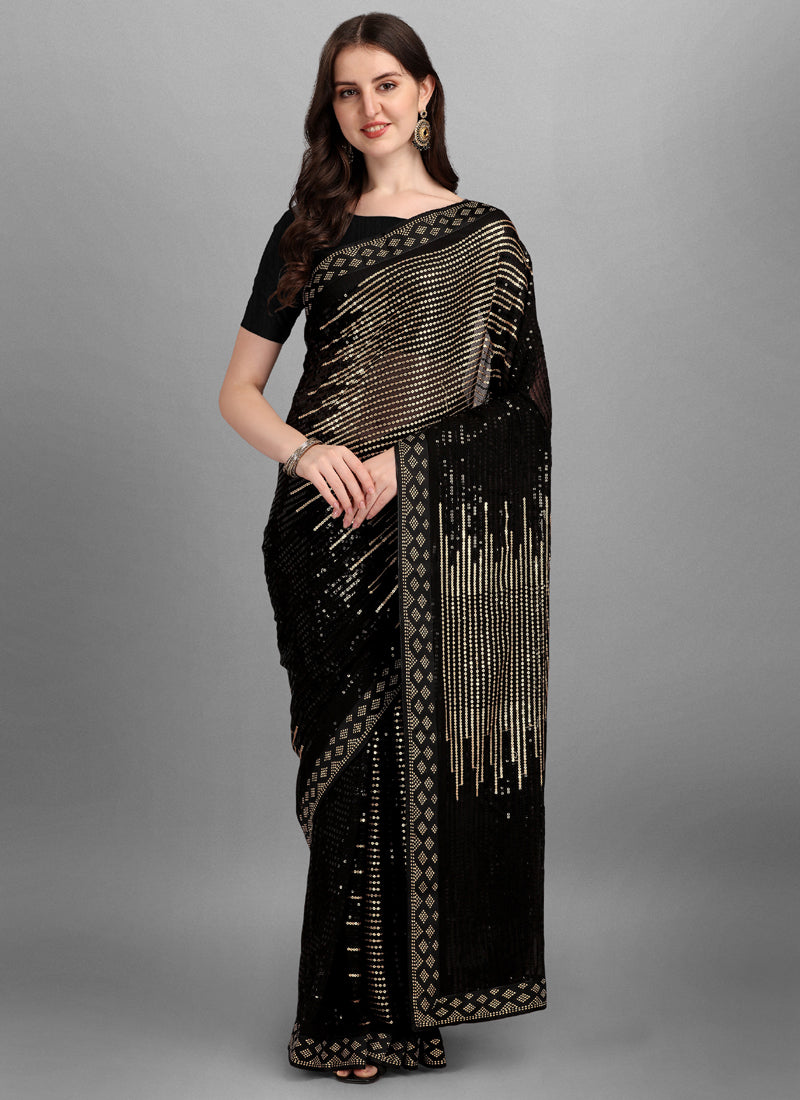 Gold & Black Georgette Sequins Work Woven Saree