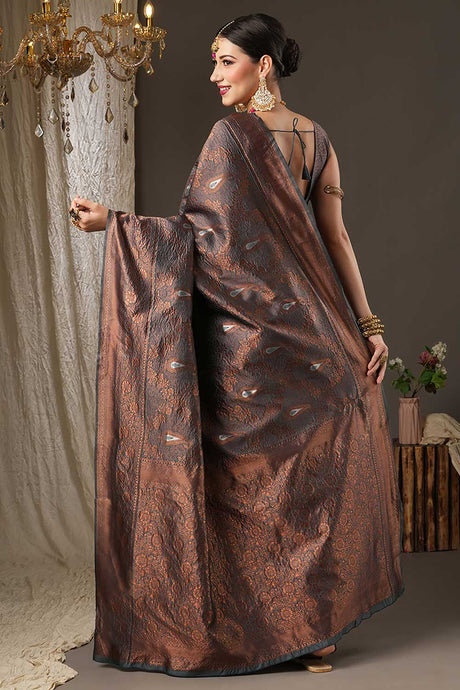 Grey Silk Blend Paisley Woven Design Dharmavaram Saree