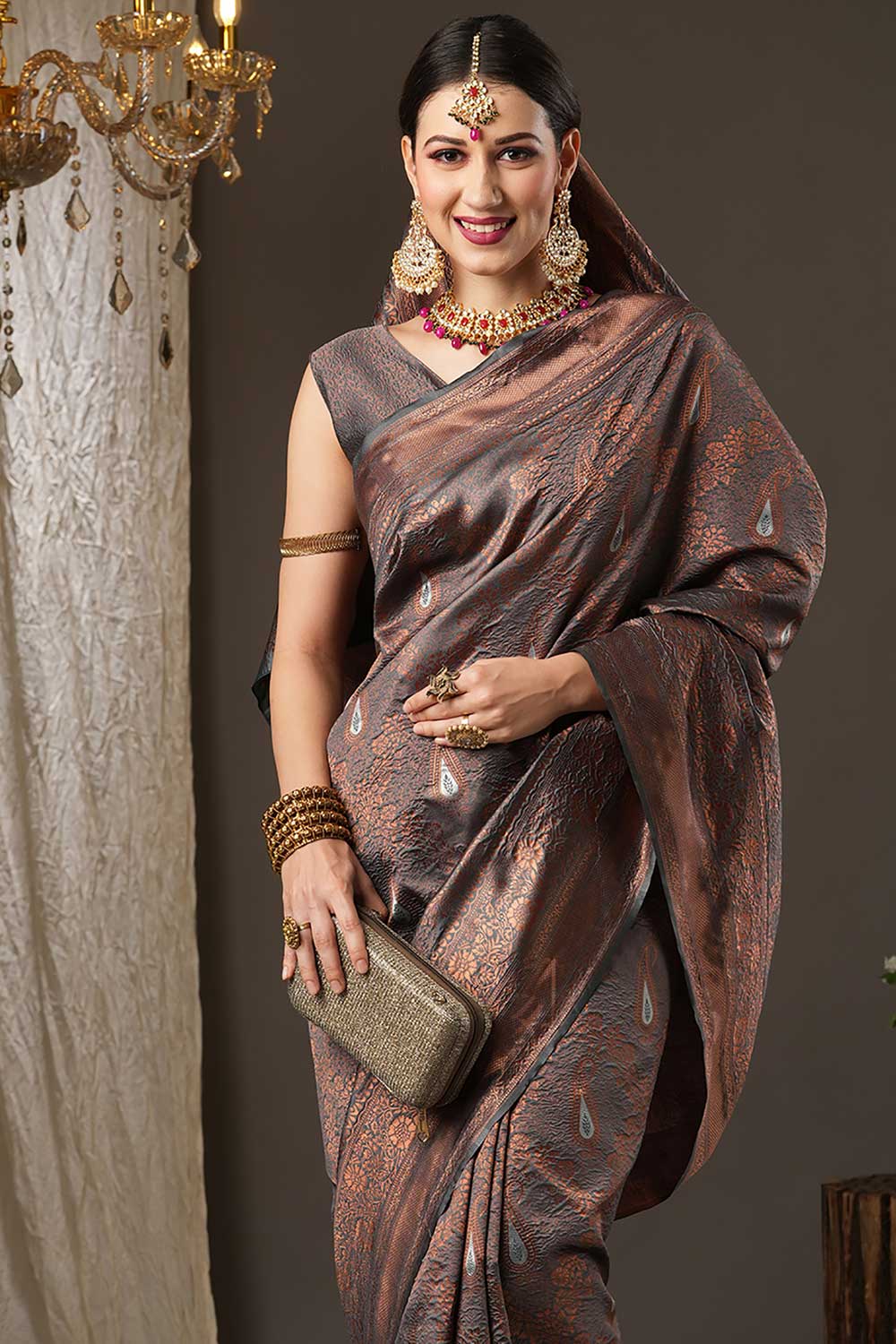 Grey Silk Blend Paisley Woven Design Dharmavaram Saree