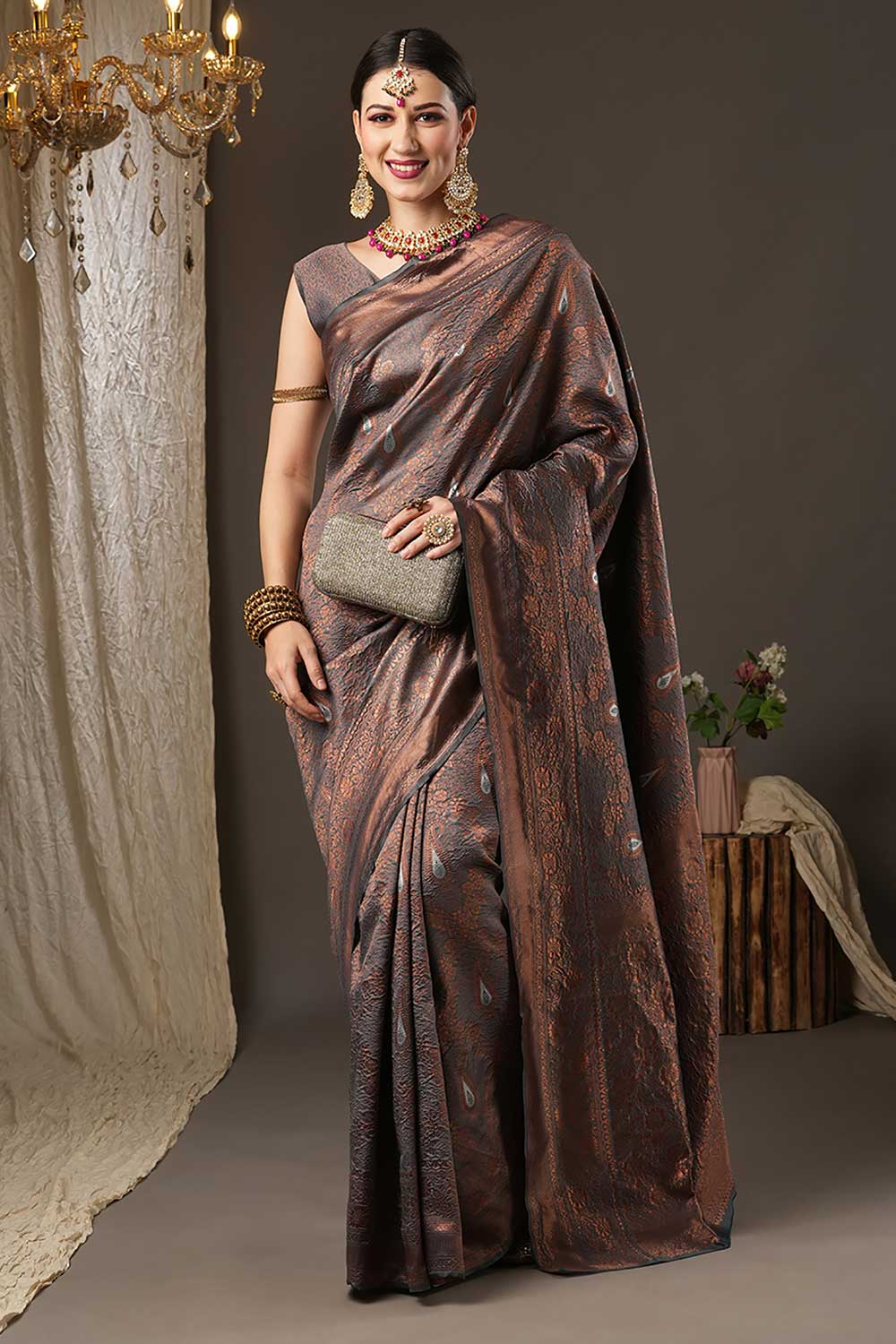 Grey Silk Blend Paisley Woven Design Dharmavaram Saree