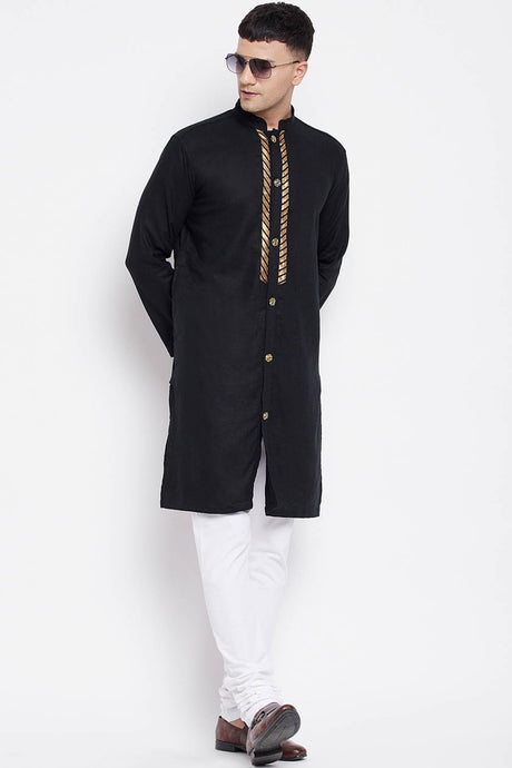 Buy Men's Linen Solid Sherwani Kurta in Black - Front