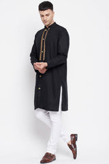 Buy Men's Linen Solid Sherwani Kurta in Black - Back