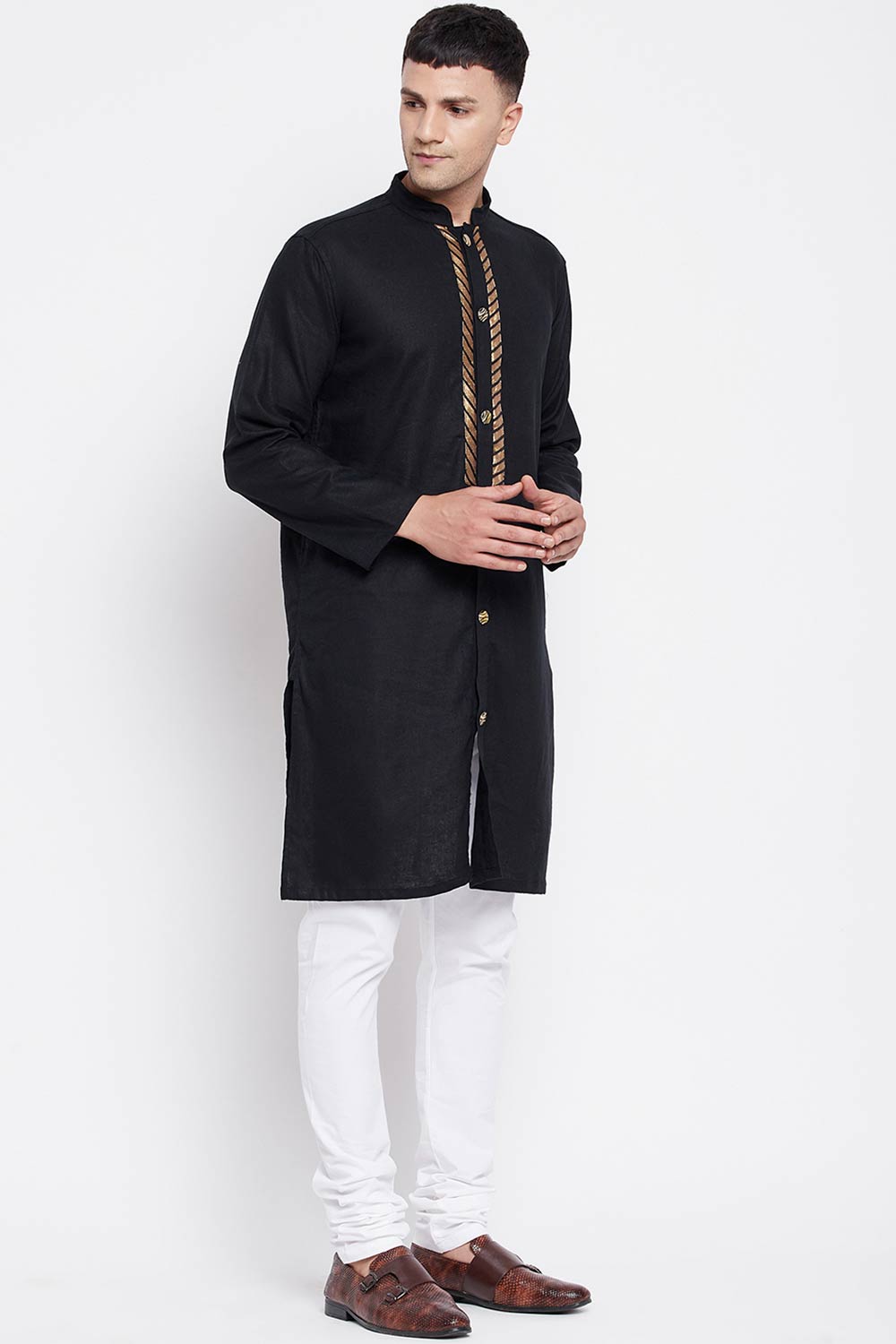 Buy Men's Linen Solid Sherwani Kurta in Black - Side