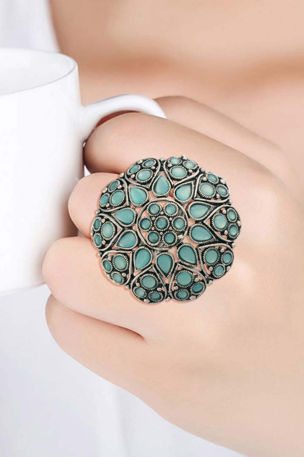 Buy Women's Alloy Adjustable Ring in Turquoise - Front