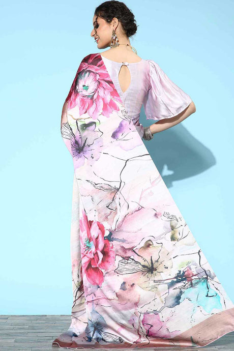 Crepe Pink Digital Print Designer Saree With Blouse
