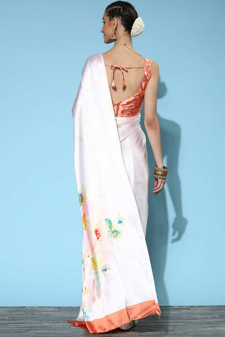 Off White Crepe Digital Print Saree