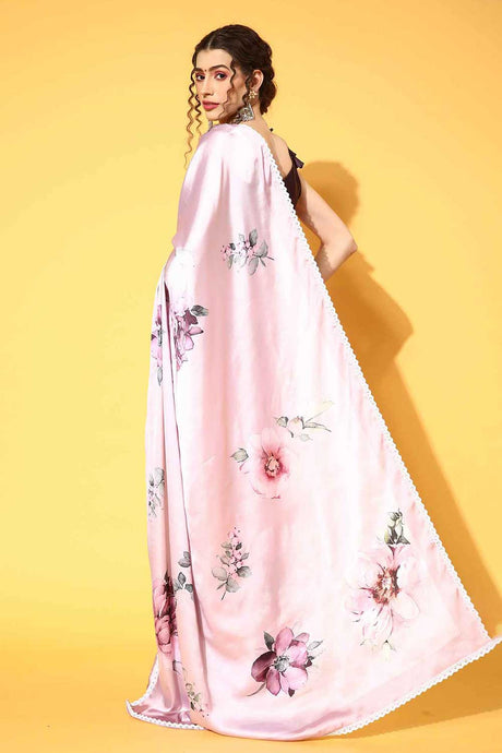 Crepe Pink Printed Designer Saree With Blouse
