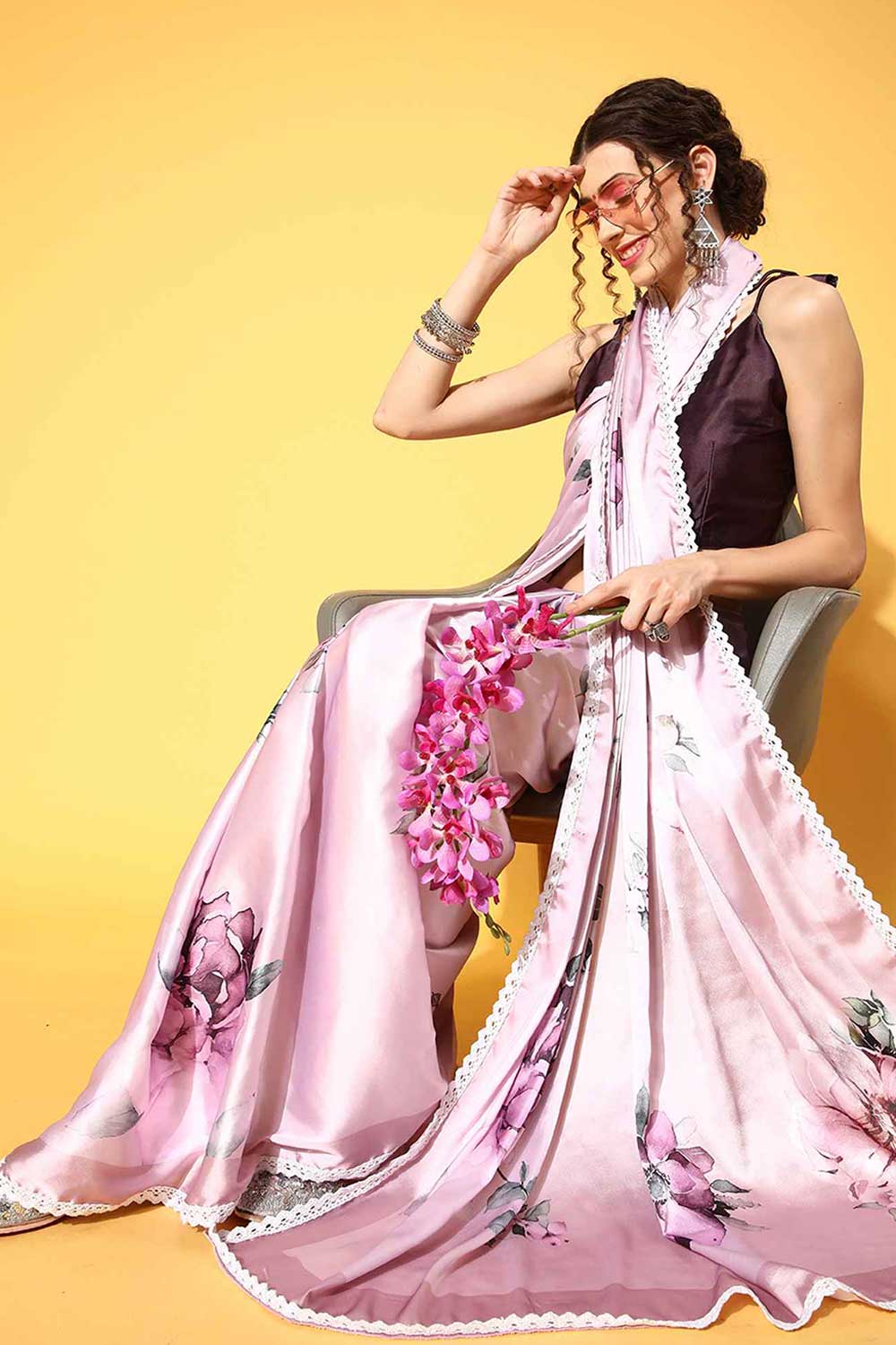 Crepe Pink Printed Designer Saree With Blouse