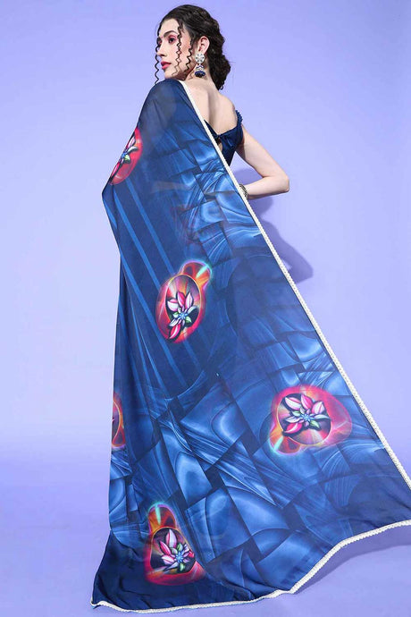 Satin Silk Navy Blue Printed Designer Saree With Blouse