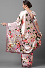 Buy Satin Silk Floral Printed Saree in Mauve Online - Back