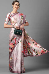 Buy Satin Silk Floral Printed Saree in Mauve Online - Side