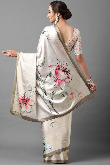 Buy Satin Silk Floral Printed Saree in Off-White Online - Back