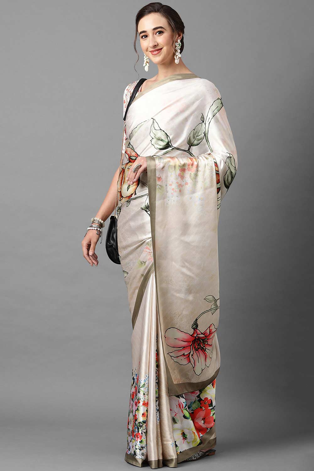 Buy Satin Silk Floral Printed Saree in Off-White Online - Side