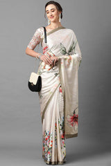 Buy Satin Silk Floral Printed Saree in Off-White Online