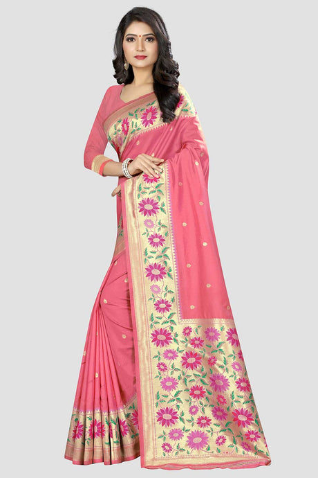 Buy Light Pink Kanjeevaram Silk Woven Saree Online