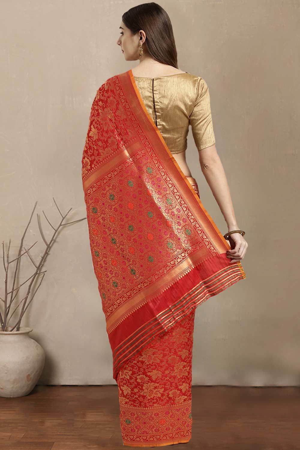 Buy Orange Kanjeevaram Silk Woven Saree Online