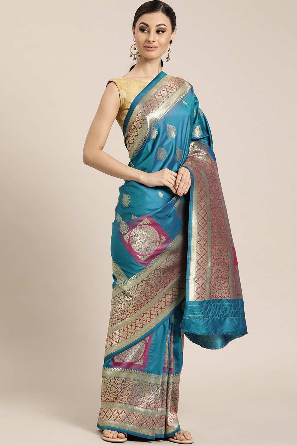 Buy Teal Kanjeevaram Silk Woven Saree Online