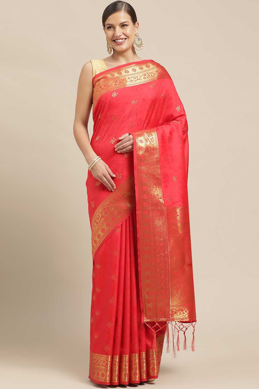 Kanjivaram Litchi Silk Woven Saree In Red