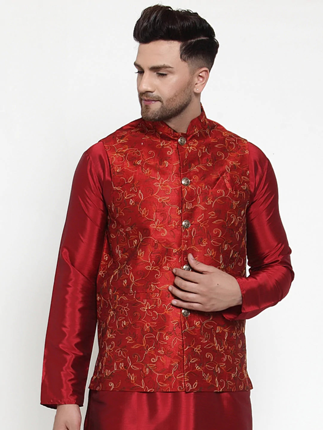 Men's Maroon Silk Embroidery Nehru Jacket