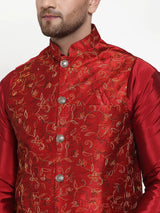 Men's Maroon Silk Embroidery Nehru Jacket