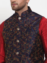Men's Navy Blue Silk Embroidery Nehru Jacket