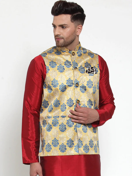 Men's Gold Silk Abstract Nehru Jacket