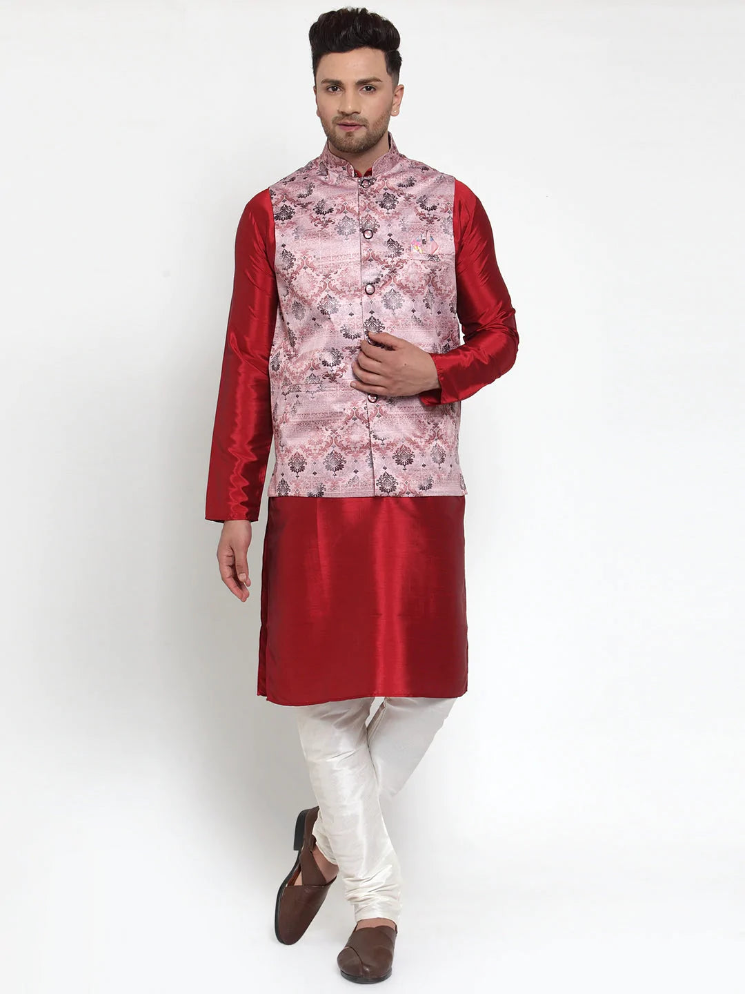 Men's Pink Silk Abstract Nehru Jacket