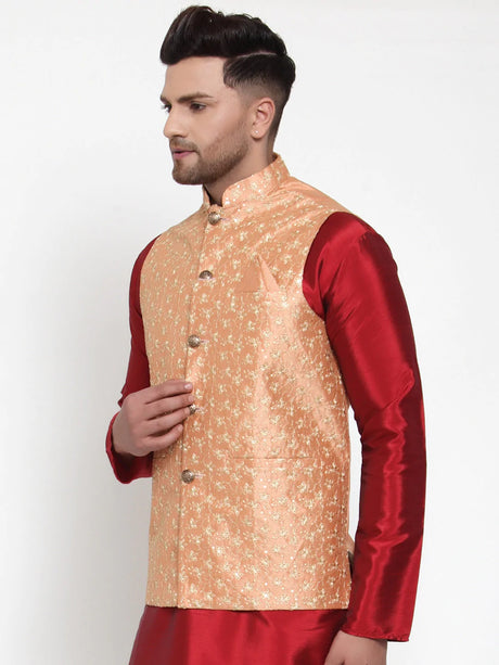 Men's Peach Silk Embroidery Nehru Jacket