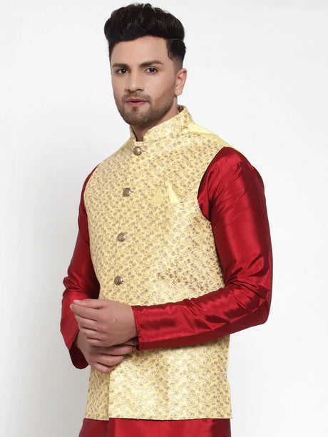 Men's Yellow Silk Embroidery Nehru Jacket