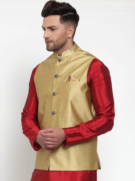 Men's Gold Silk Woven Nehru Jacket