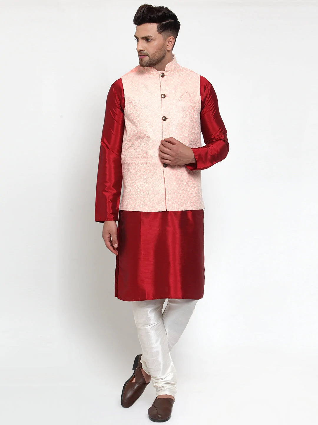 Men's Pink Silk Embroidery Nehru Jacket