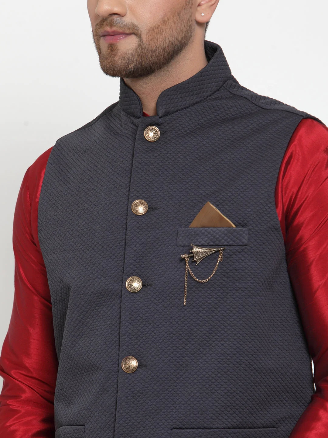 Men's Navy Blue Silk Woven Nehru Jacket