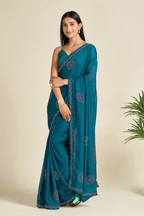 Buy Teal blue Satin Stone Work Embellished Saree Online