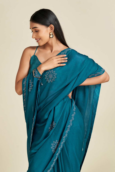 Buy Teal blue Satin Stone Work Embellished Saree Online - Back