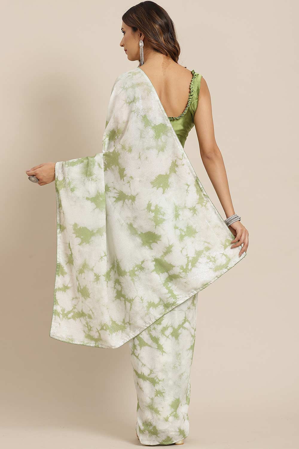 Olive Poly Silk Tie And Dye Embellished Saree