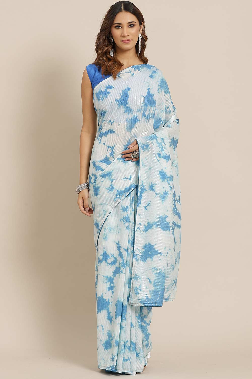 Blue Poly Silk Tie And Dye Embellished Saree