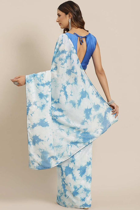 Blue Poly Silk Tie And Dye Embellished Sarees