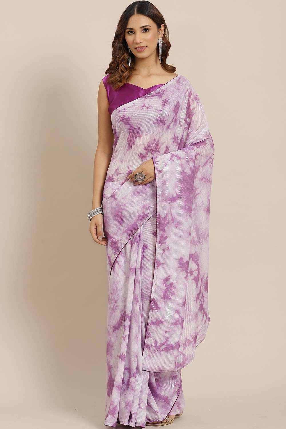 Purple Poly Silk Tie And Dye Embellished Saree